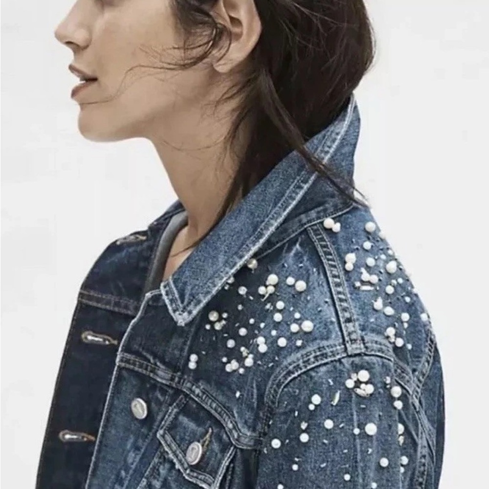 Anthropologie Pilcro Pearled Denim Trucker Jacket Size Medium - Picture 2 of 6